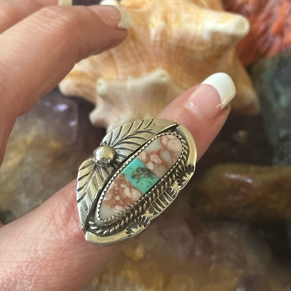 Red vein jasper turquoise ribbon 925 solid sterling silver native made ring - Picture 2 of 6
